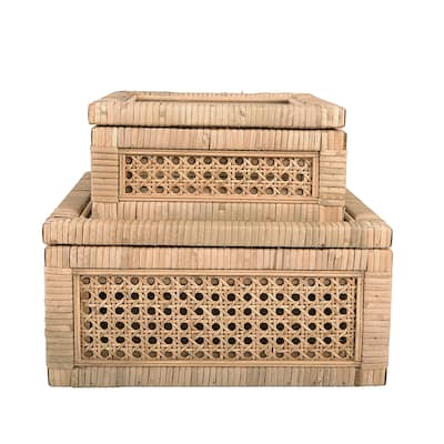 Woven Wood and Rattan Display Boxes with Glass Lids