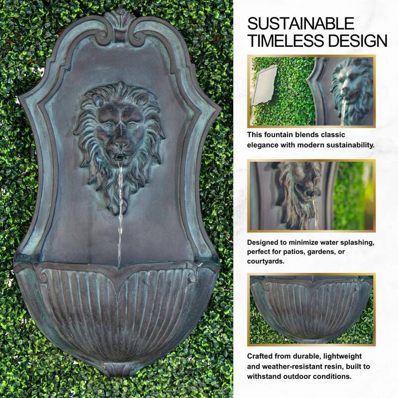 XBrand 30" Solar-Powered Wall-Mounted Lion Head Fountain, Resin, Outdoor, Gray