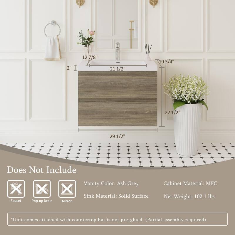 Modern Wall-Mounted Bathroom Vanity with White Solid Surface Top