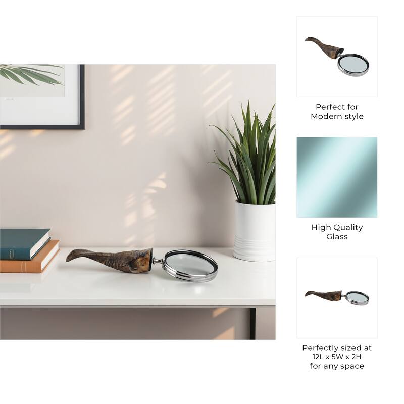 Glass Buffalo Horn Magnifying Glass Handcrafted Display - 2" Brown - 12" x 5" x 2"