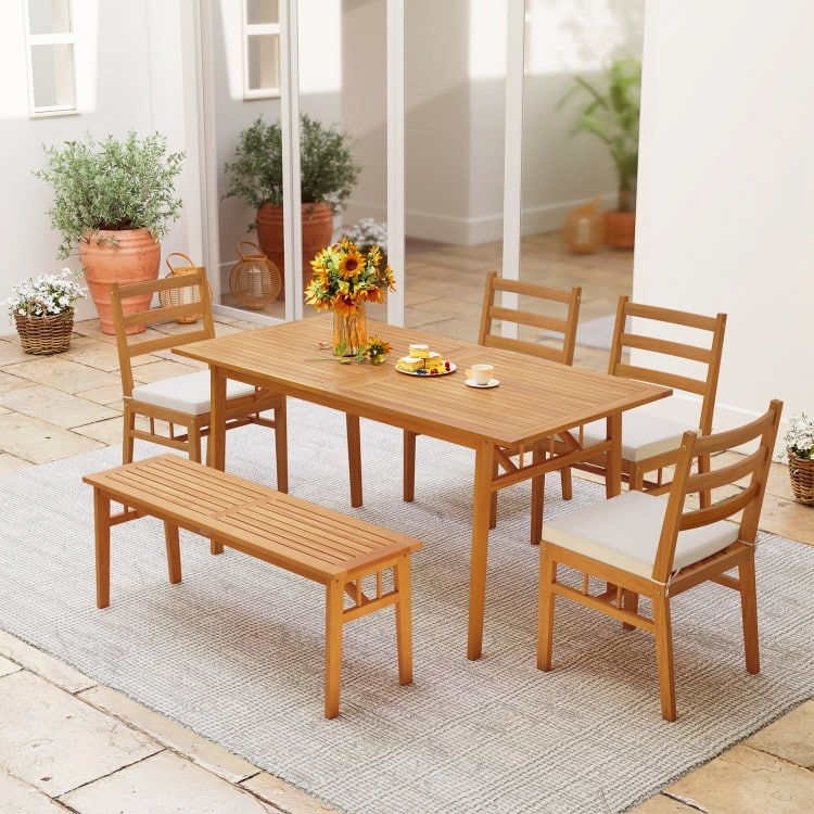 Natural Off-White Acacia Wood Dining Chairs Set of 2 with Cushions Outdoor - 18" x 21.5" x 34"