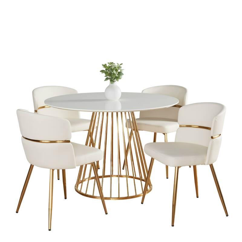 Silver Orchid Canary-Lena Gold 5-Piece Dining Set - White Faux Leather/White Wood