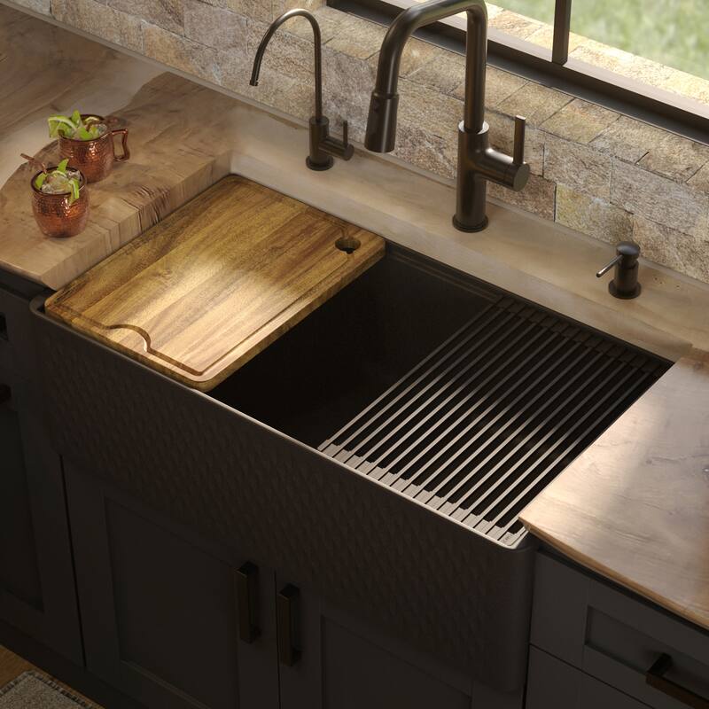 Karran 33" Single Bowl Workstation Fireclay Kitchen Sink with Reversible Diamond/Flat Apron Front