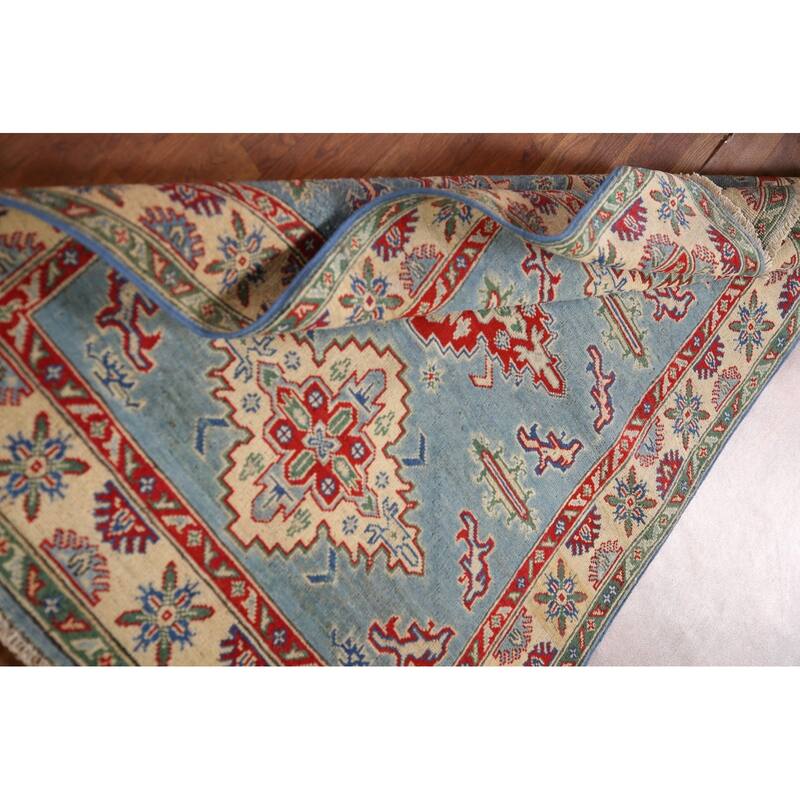 Light Blue Geometric Kazak Oriental Rug Hand-Knotted Wool Carpet - 3'4"x 4'10"