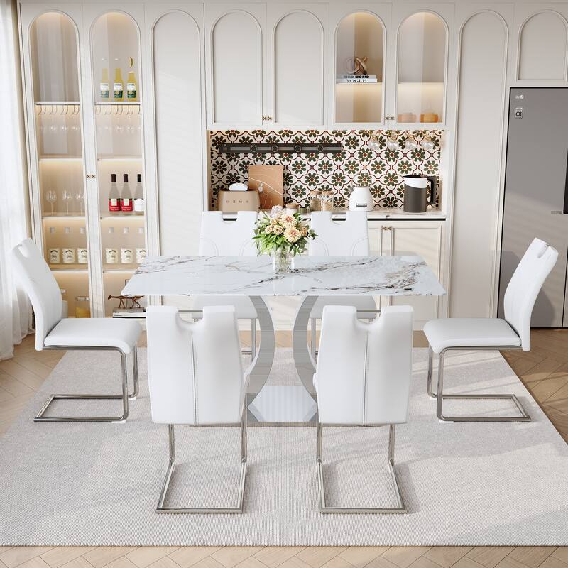 7-Piece Kitchen Table Set with Tempered Glass Rock Top, Dining Table Set with 6 Upholstered Chairs for Dining Room