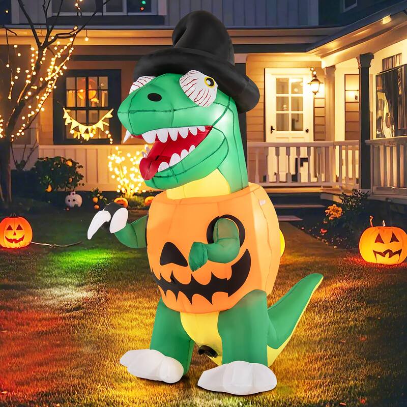 Gymax 6 FT Inflatable Pumpkin Dinosaur w/ Built-in LED Lights & Witch