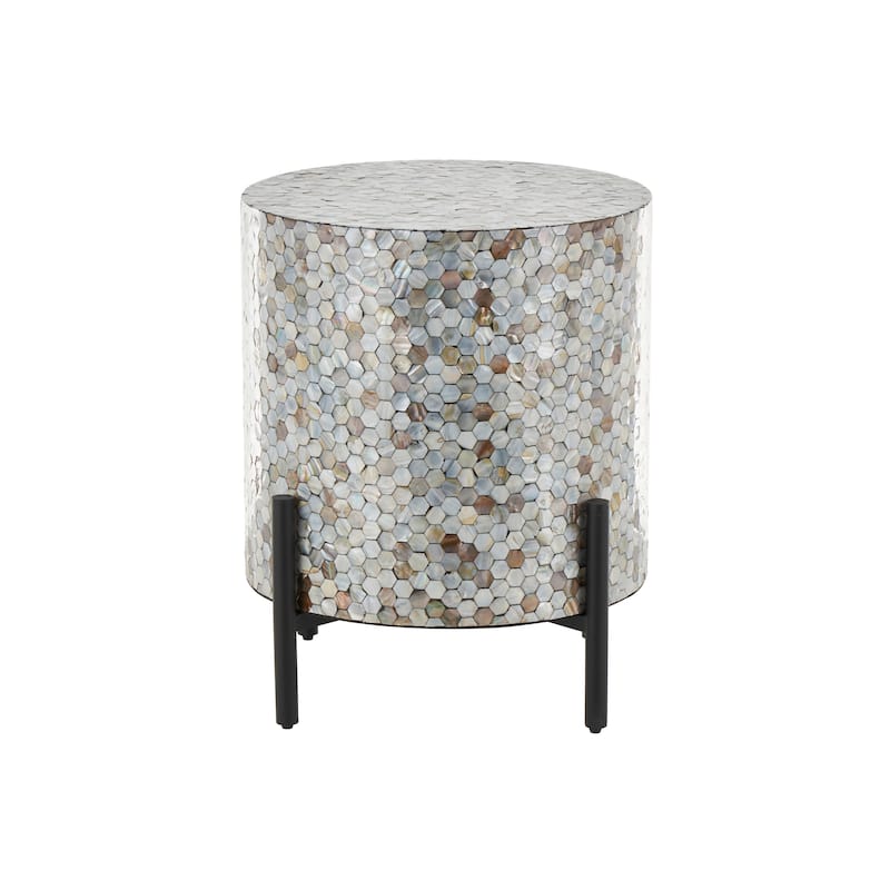 Mother of Pearl Shell Geometric Handmade Mosaic Inlay Accent Table with Black Metal Legs - Multi Colored - Roche River Decor