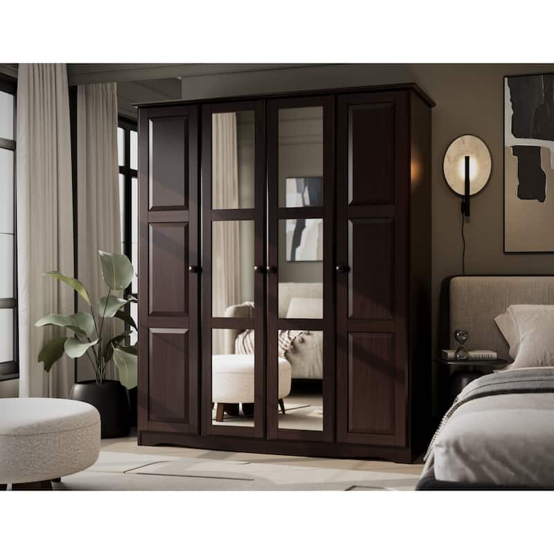 100% Solid Wood Regal 4-Door Wardrobe Armoire by Palace Imports - Java-Mirrored Doors