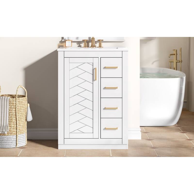 Roomfitters 24 Inch Bathroom Vanity with Integrated Ceramic Sink, Storage Cabinet with 3 Sliding Tiers & Soft Close Door