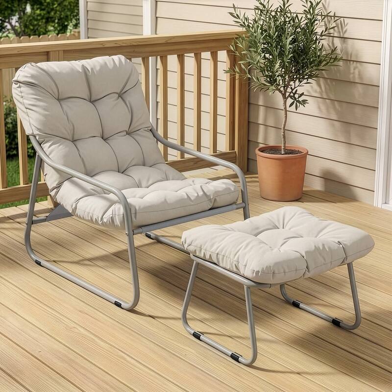 Outdoor Lounge Egg Chair with Ottoman, High-Back Metal Patio Papasan Accent Chair with Cushion for Balcony Porch Deck