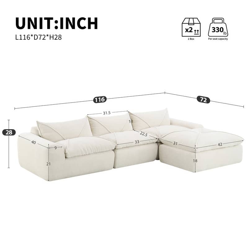 116'' Fully Compressed Sofa with High Density Foam, No Assembly Required