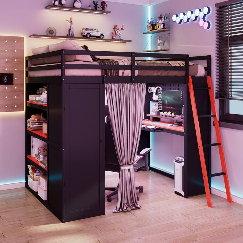 Full Size Wood Loft Bed with, Wardrobe, Shelves, Blackout Curtains, and RGB Lights - Black+Red