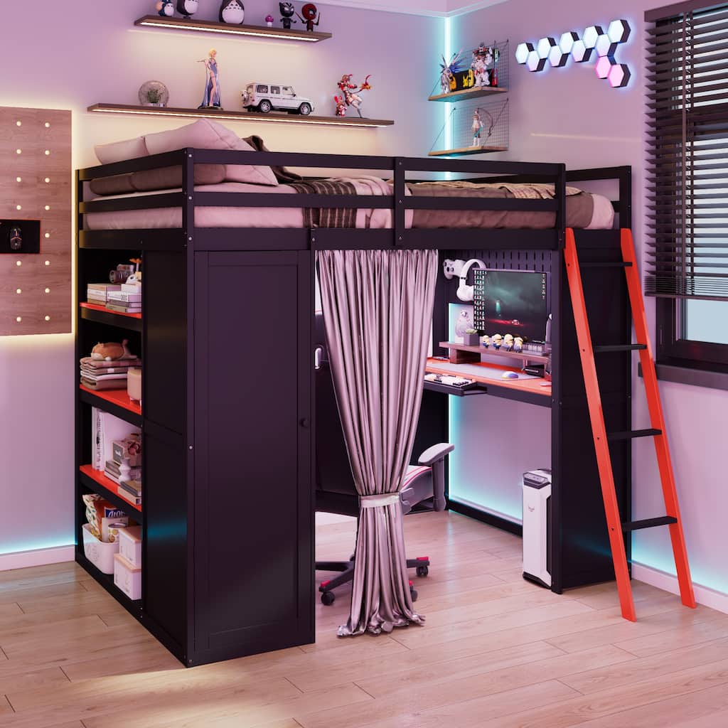Full Size Wood Loft Bed with Wardrobe, Shelves, Blackout Curtains and RGB Lighting