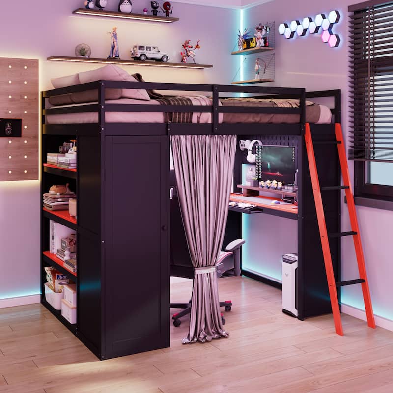 Full Size Wood Loft Bed with Wardrobe, Shelves, Blackout Curtains and RGB Lighting - Black+Red