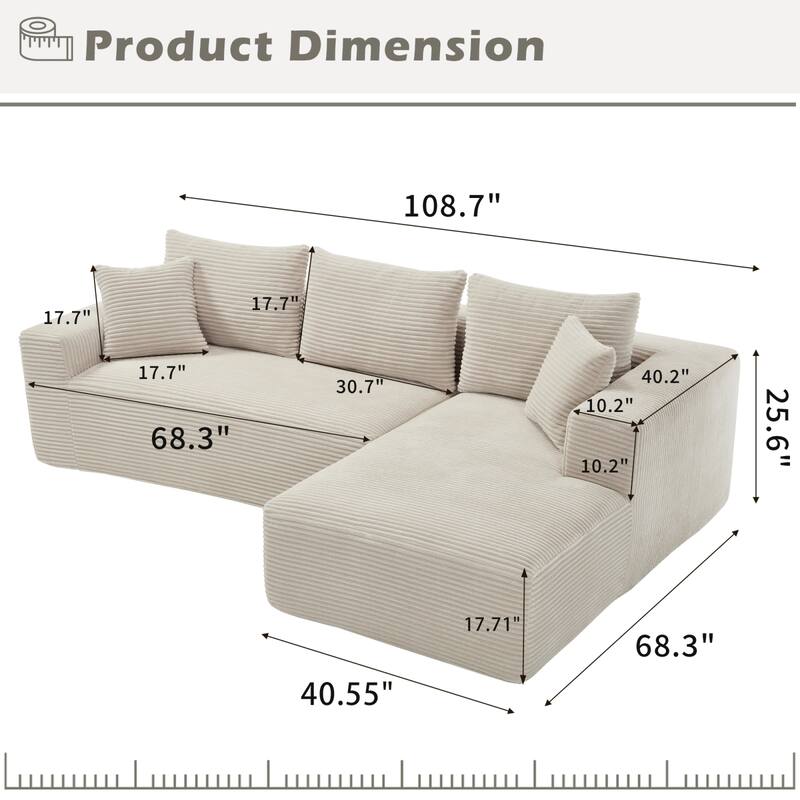 Roomfitters Modular Sectional Sofa L-Shape Cloud Couch with Oversized Right Facing Chaise, Memory Foam 2-Seat Sofa