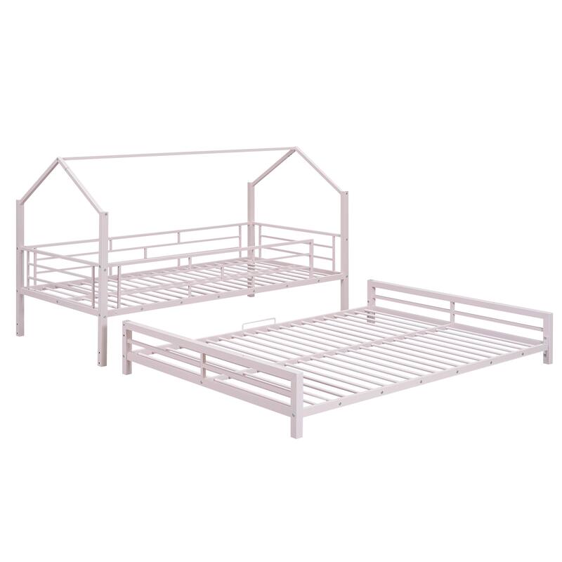 Metal House Bunk Bed with Roof, Ladder, and Fence for Kids