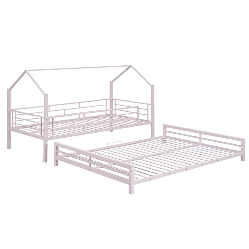 Pink Metal House Bunk Bed with Roof, Ladder and Fence for Kids, Boys and Girls