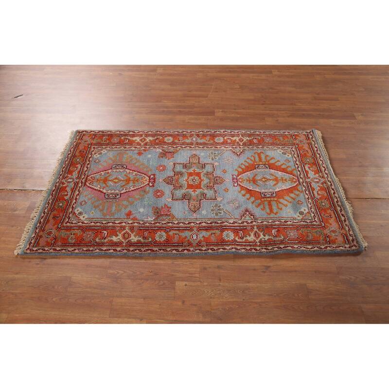 Blue Geometric Khotan Indian Accent Rug Hand-Knotted Wool Carpet - 3'1"x 5'2"