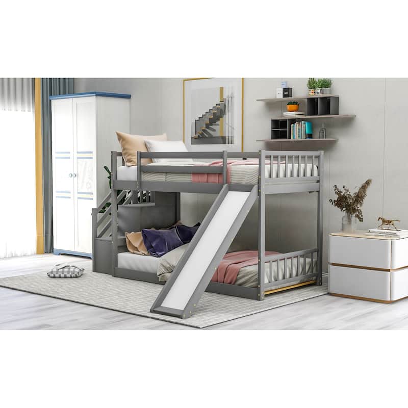 Gray Twin Size Solid Wood Bunk Bed with Convertible Slide, Stairway, Storage Shelves