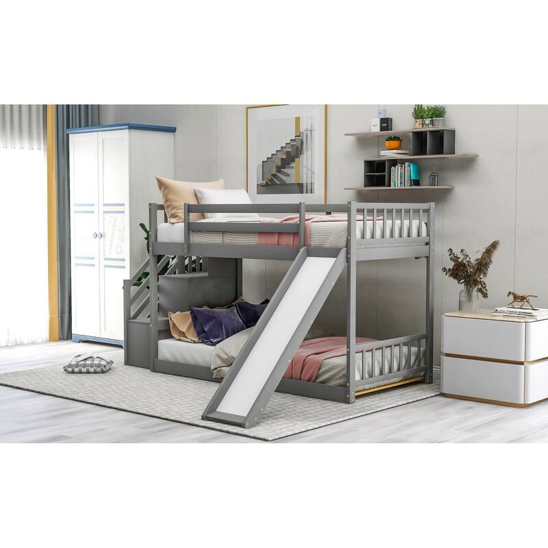 Twin Over Twin Bunk Bed with Slide and Stairway, Space-Saving Design