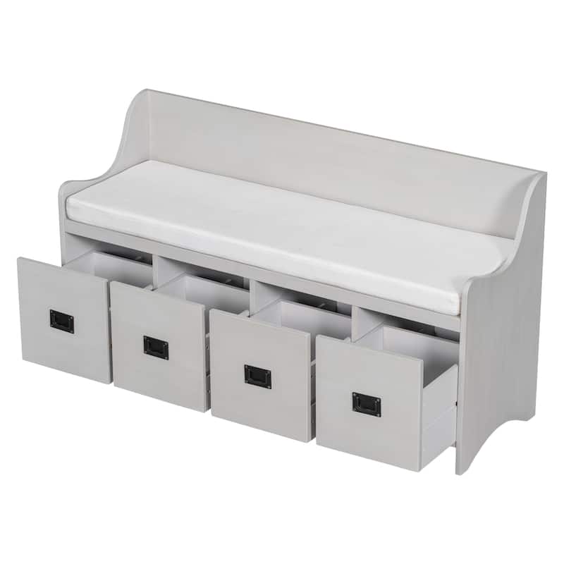 Movable Cushion Storage Bench with Drawers and Backrest Bed Bath