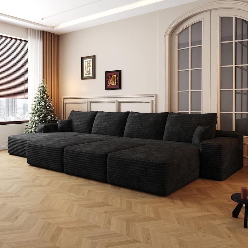 Corduroy Floor Standing Sectional Couch Modular Sleeper Sofa Bed Upholstered Sectional Sofa with Chaise and Ottomans
