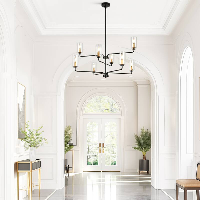 Modern 8-Light Black Gold Chandelier Clear Glass 3-Tier Cylinder Ceiling Lights for Dining Living Foyer - D 37" x H 21"