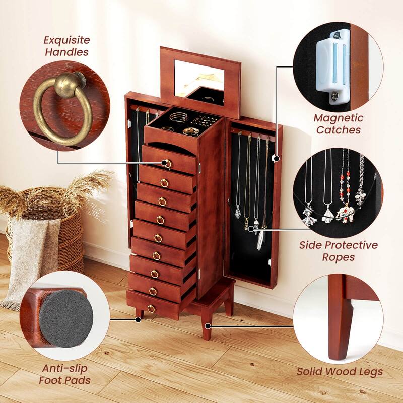 Costway Wood Jewelry Cabinet Armoire Storage Box Chest Stand Organizer - 10.5'' X16'' X40''