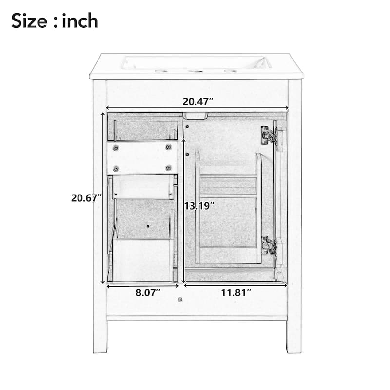Freestanding Bathroom Vanity Compact Cabinet with Sink, 2 Drawers, Storage Door Racks, Gold Handles and Soft Close Mechanisms