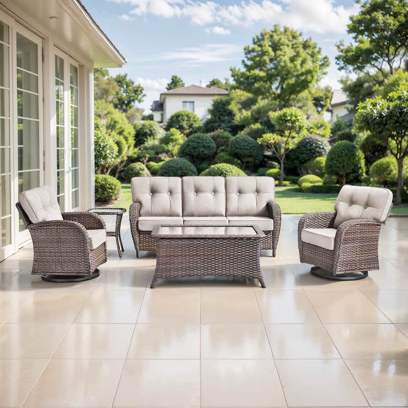 TWrap 5-Piece Patio Brown Wicker Sofa Conversation Set with 5-Inch Thick Cushions - Brown/Beige - 5-Piece