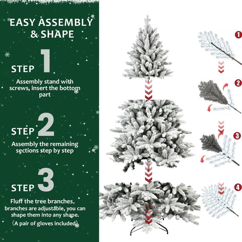 7ft Flocked Christmas Tree with 1514 Tips, Realistic PE+PVC Snowy Hinged Tree with Metal Stand, Full Artificial Xmas Tree