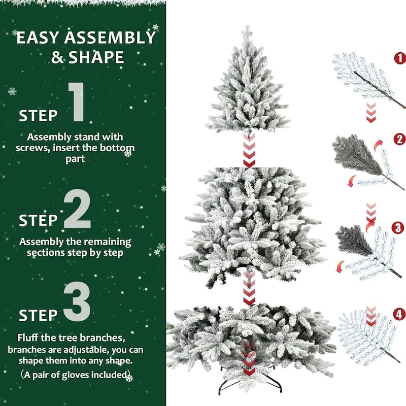 Flocked Artificial Christmas Tree - PE+PVC Snowy Branches, Hinged Structure, Metal Stand - White