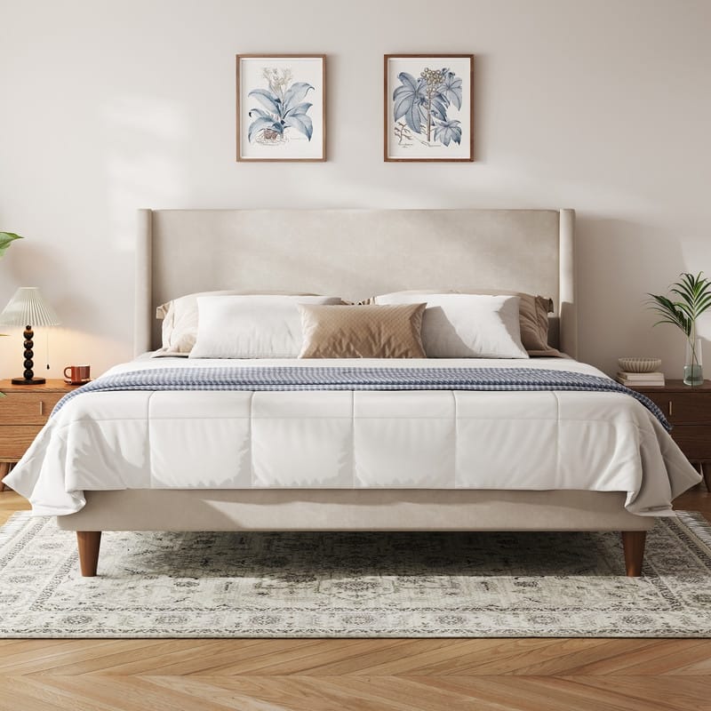 Upholstered Wingback Bed Frame with Headboard and Walnut Wooden Legs, No Box Spring Needed Low Profile Platform Bed