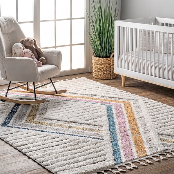 slide 2 of 7, Nuloom Geometric Angela High-Low Modern Diamond Tassel Area Rug 5' 3" x 7' 6" - Ivory - Rectangle