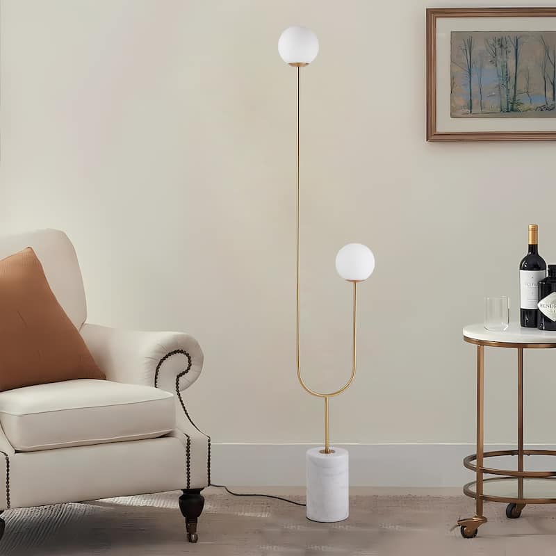 Nordic Marble Orb 2-Light LED Floor Lamp with Marble Base - Golden Modern Futuristic Style - White/Grey/Gold