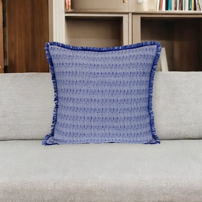 24" Blue and White Striped Cotton Throw Pillow With Fringe