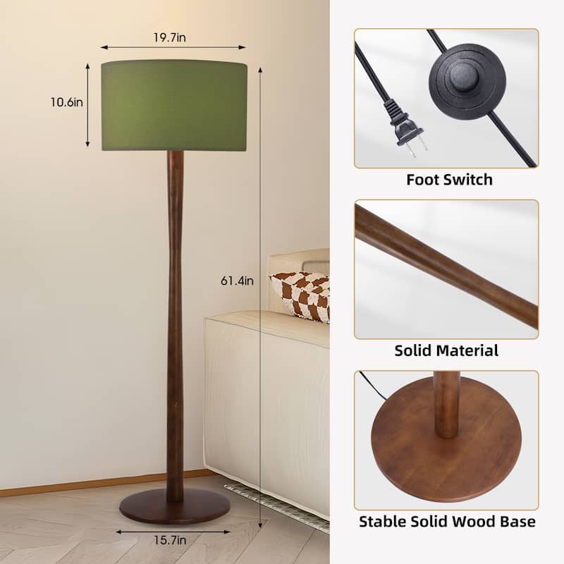 61 in. Retro Standing Floor Lamp with Rubberwood Base and Linen KD Lampshade for Bedroom, Living Room