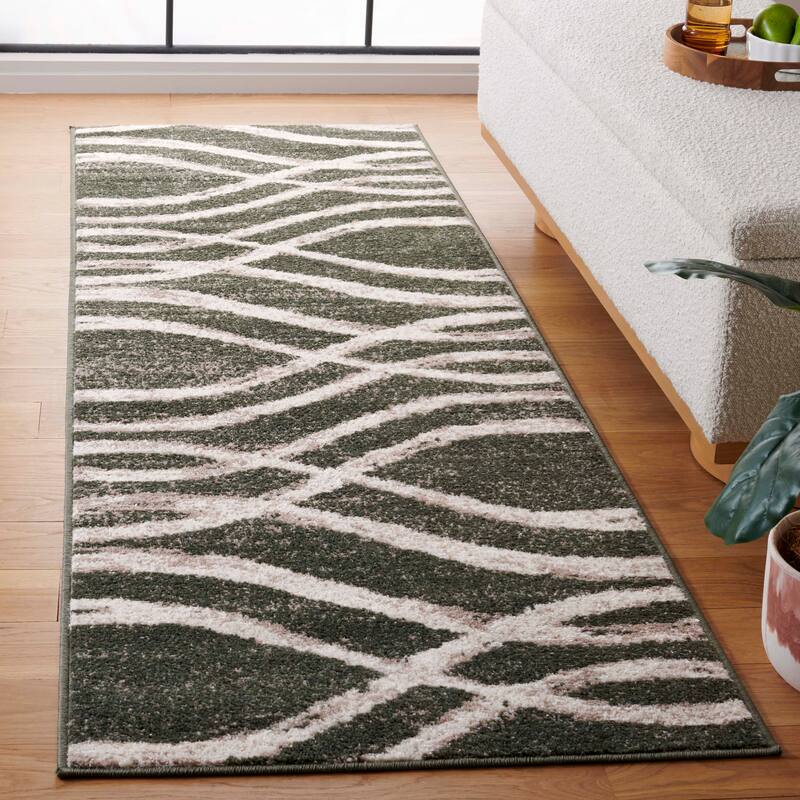 SAFAVIEH, Adirondack Vinni Modern Abstract Distressed Rug - 2'6" x 10' Runner - Dark Green/Ivory