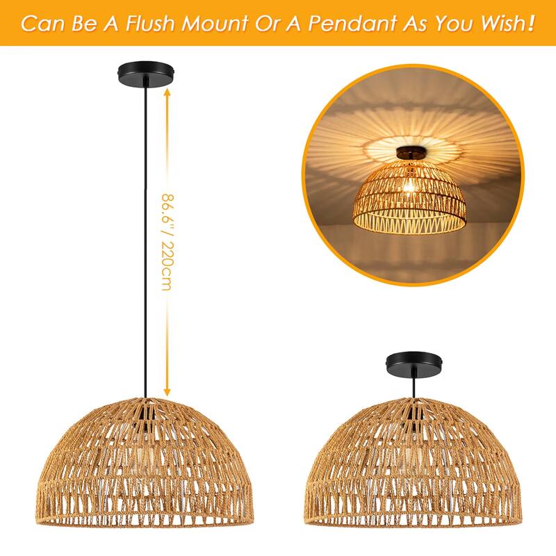 1-Light Modern Farmhouse Bohemian Round Hand-Woven Rattan Flush Mount Light Dome Pendant Light