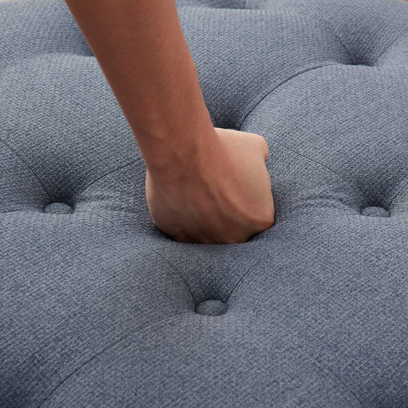 Button-Tufted Upholstered Coffee Table Ottoman with Wooden Shelf – Square Fabric Ottoman