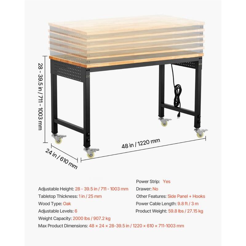 Black and Natural Oak Adjustable Height Workbench with Power Strip, Casters and Hooks - Black-Natural