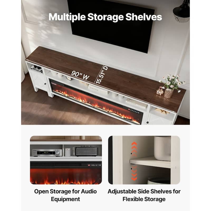 60-Inch Electric Fireplace TV Stand in White for Large TVs Adjustable Heat and Flame Settings - 60.79” x 6.3” x 13.98”