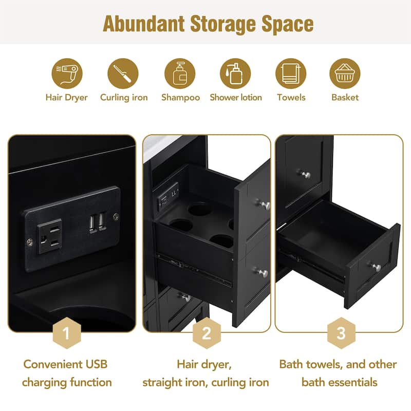 36" Modern Bathroom Vanity with USB Charging, 2 Doors and 3 Drawers