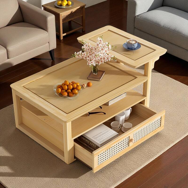 31.5'' Modern Coffee Table with Rattan Drawer, Dual Tabletops & Storage Shelf, Wooden Accent Table for Living Room