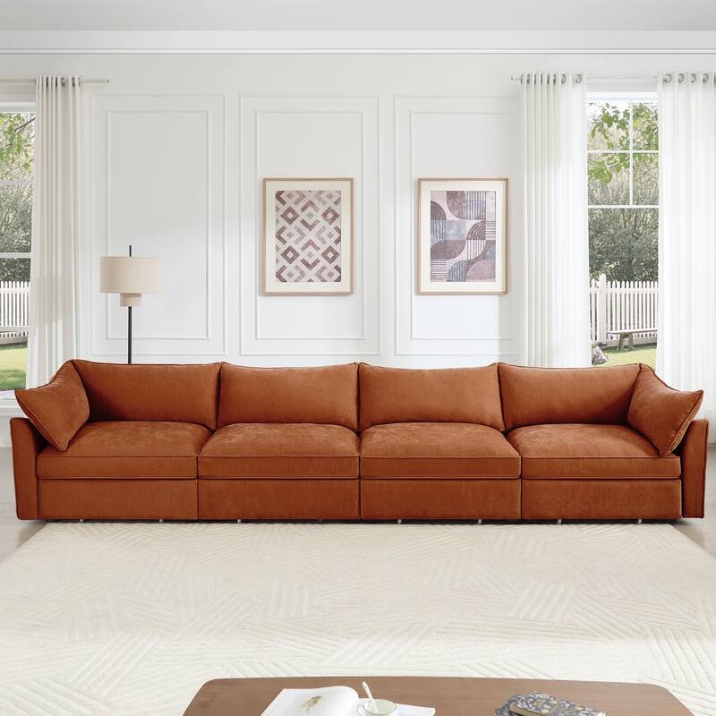 Super Large Wide & Deep Seat 4-Seater Sofa Couch with Storage Pull Out Drawer Under Each Seat - Orange