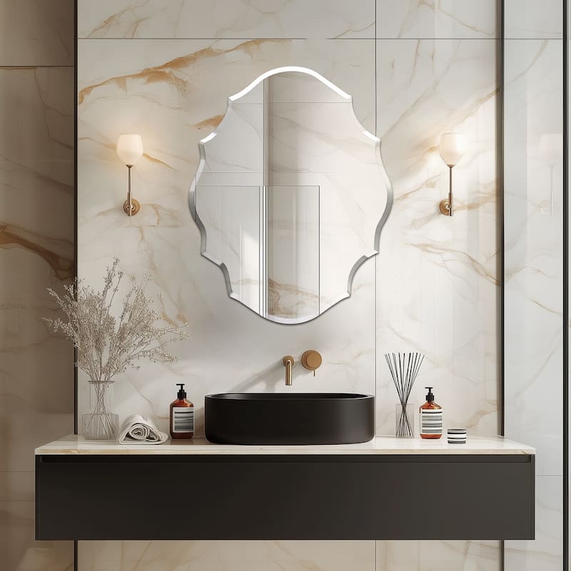 Beveled Frameless Wall Mirror Elegant Scalloped Bathroom Vanity Mirror