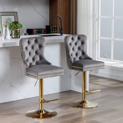Thick Golden Swivel Barstools Adjusatble Seat Height from 25-33 Inch,Upholstered Bar Stools with Backs Tufted for Pub,Set of 2