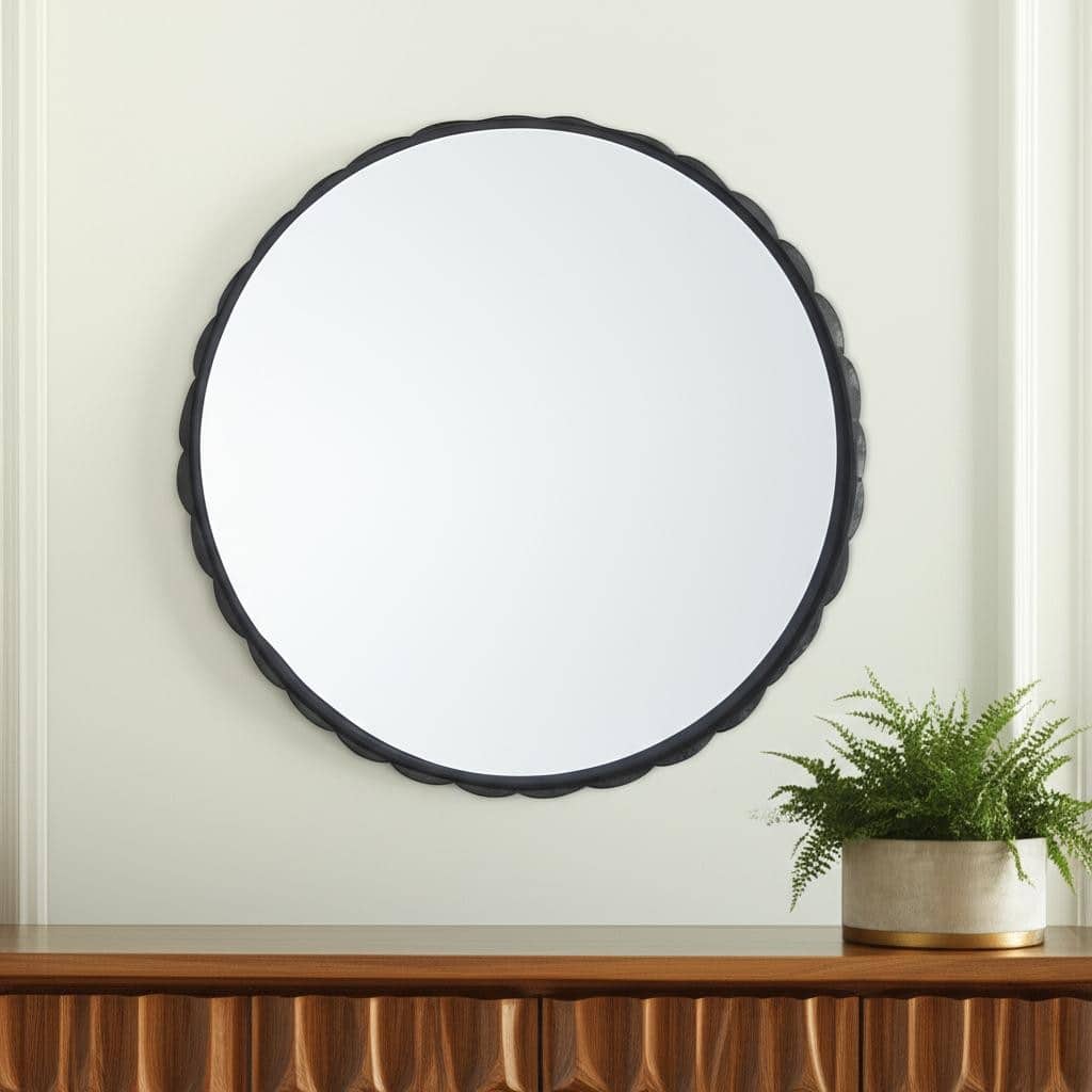 HomeRoots 30" Black Metal Scalloped Framed Accent Mirror - 29.72 in. x 29.72 in. x 1.97 in.