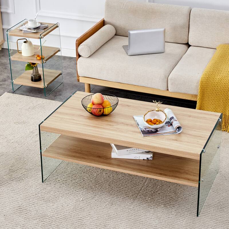 43.3" Modern Rectangular Coffee Table with Tempered Glass Legs and Storage Shelf