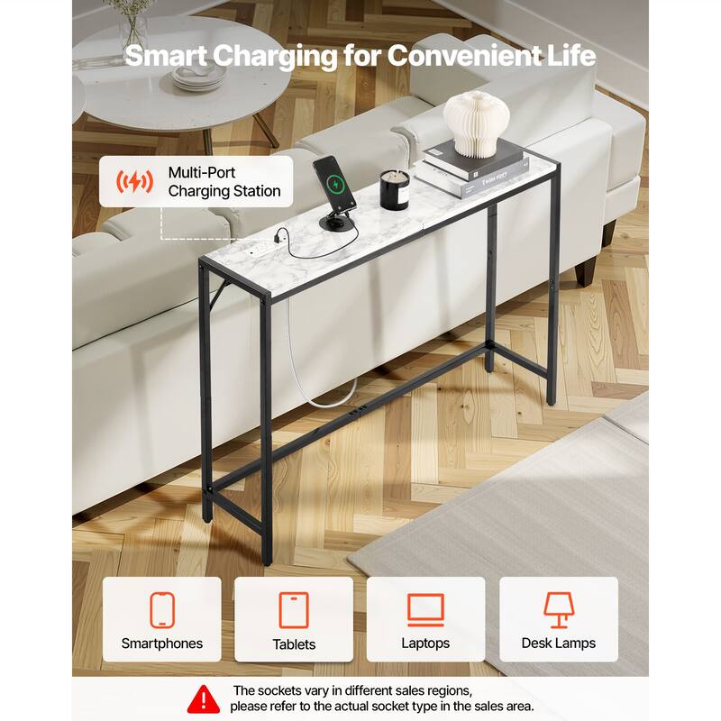 Modern Narrow Long Faux Marble Console Table with Power Outlet